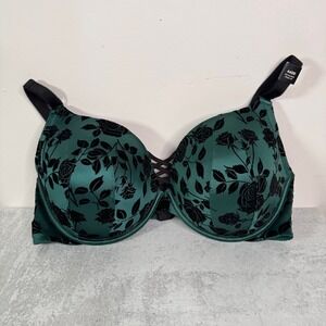 Torrid 44DD XO Plunge Push-Up Bra Emerald Green Black Floral Velvet NWT